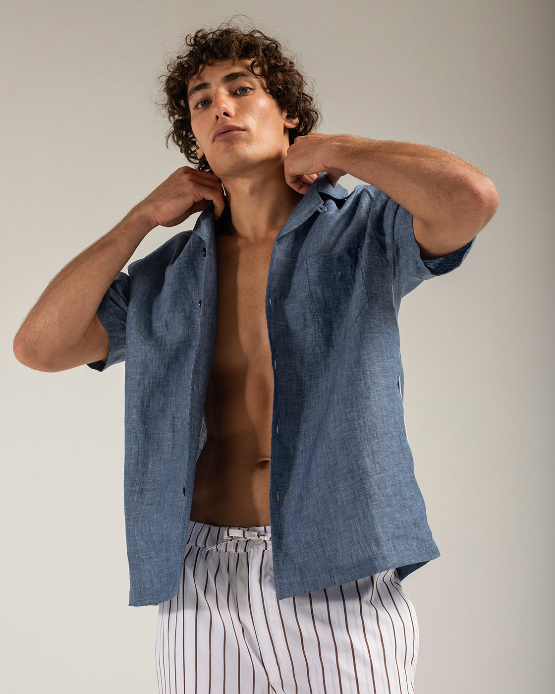 Blue Linen Short Sleeve Shirt